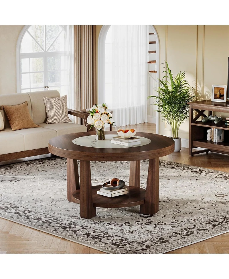 Tribesigns Coffee Table, 2-Tier Round Coffee Table with Heavy-Duty Wood Tabletop for Living Room