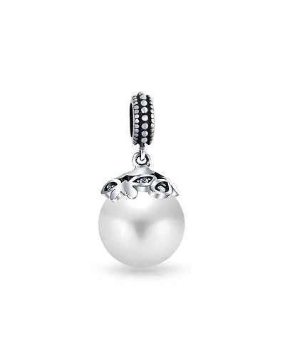 Bling Jewelry Bali Filigree Cap Pearl Heart Dangle Charm Bead Sterling Silver Bracelet