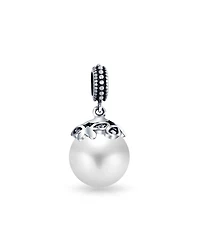 Bling Jewelry Bali Filigree Cap Pearl Heart Dangle Charm Bead Sterling Silver Bracelet