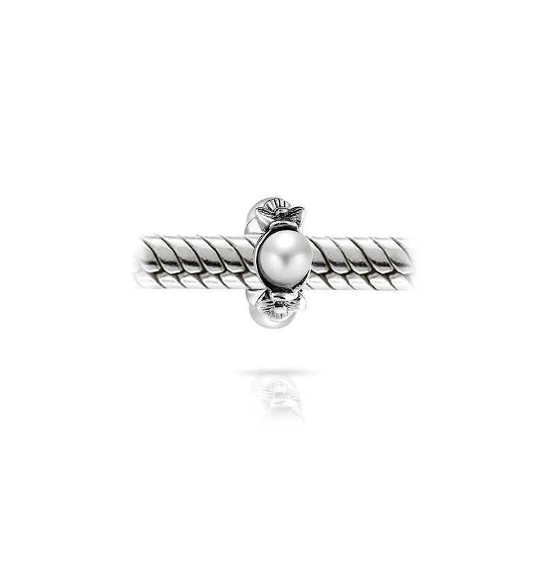 Bling Jewelry White Simulated Pearl Flower Charm Bead Sterling Silver European Bracelet