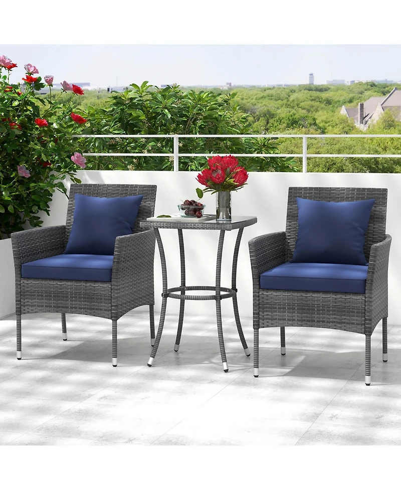 Gymax 3-Piece Patio Furniture Set Pe Wicker Conversation Bistro Set w/ A Tempered Glass Table