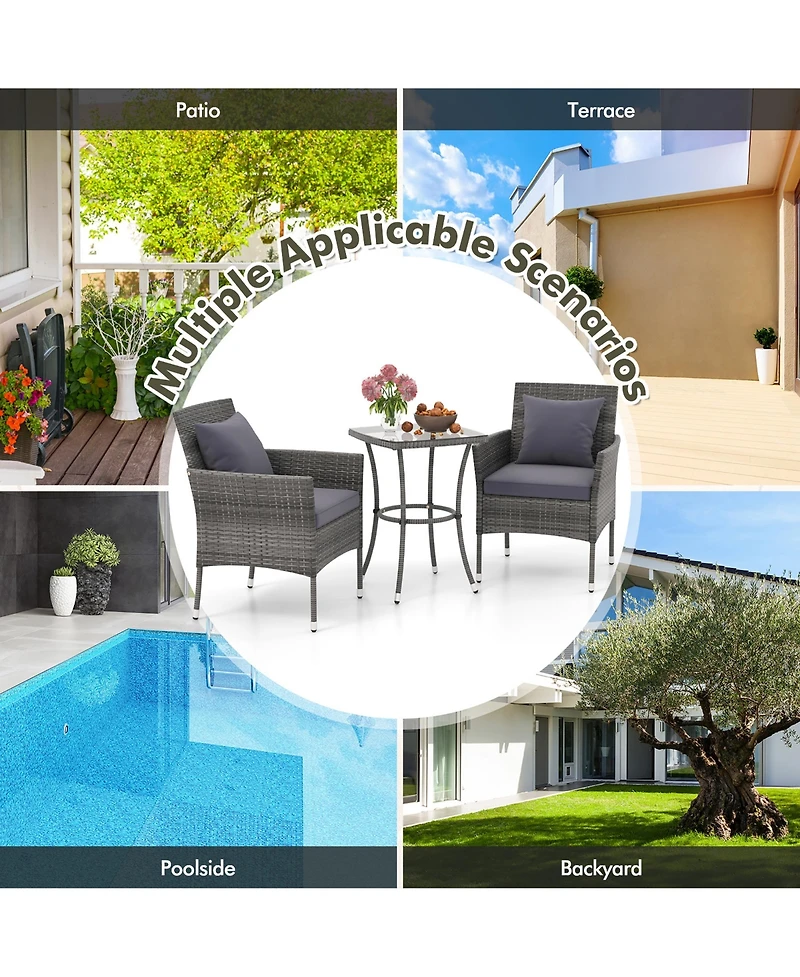 Gymax 3-Piece Patio Furniture Set Pe Wicker Conversation Bistro w/ A Tempered Glass Table