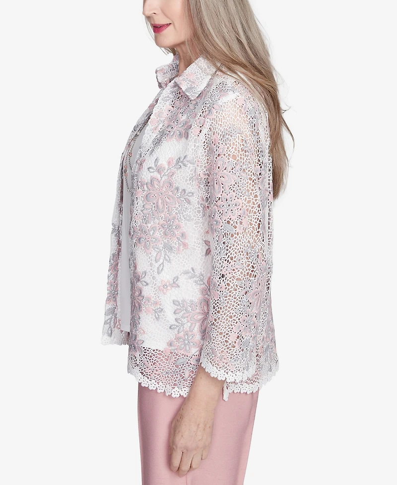 Alfred Dunner Women's Estate of Mind Floral Lace Two in One Top with Necklace