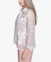 Alfred Dunner Women's Estate of Mind Floral Lace Two in One Top with Necklace
