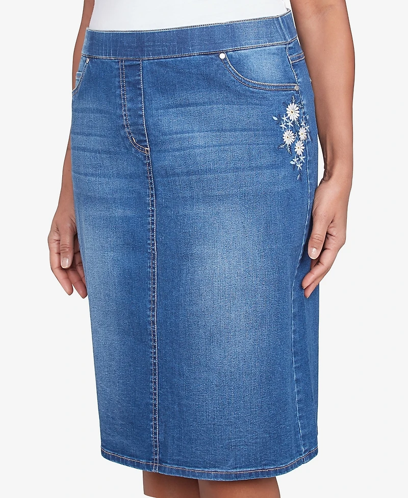 Alfred Dunner Women's Flower Power Floral Embroidered Pull-On Denim Skirt