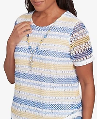 Alfred Dunner Women's Flower Power Textured Biadere Fringe Top with Necklace