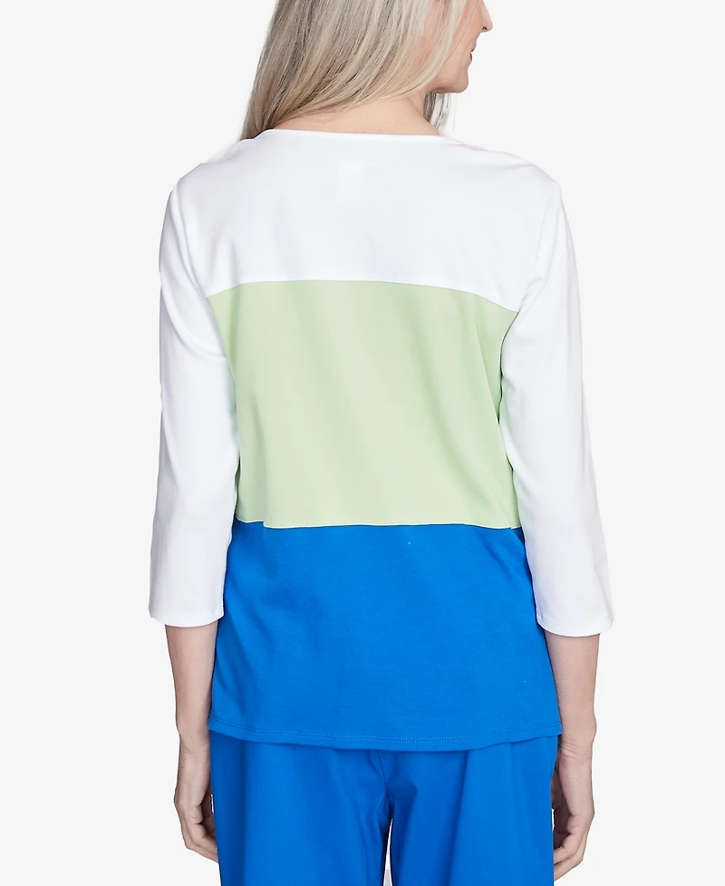 Alfred Dunner Women's Parrot Cay Tropical Colorblock Floral Top