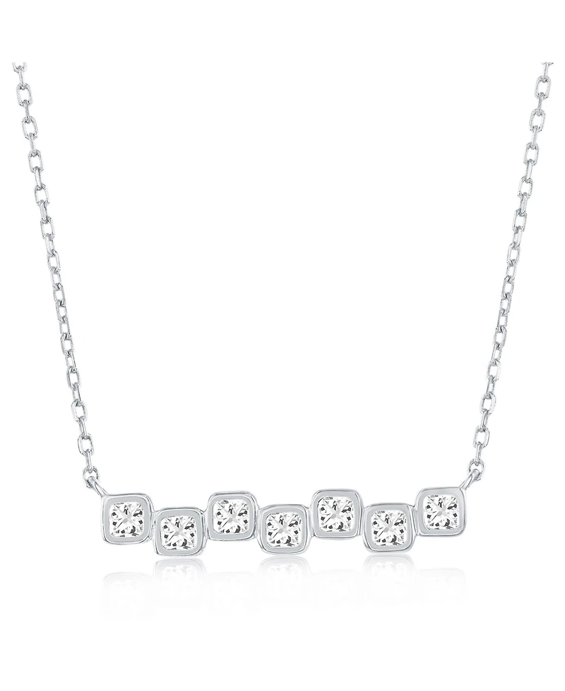 Sterling Silver, Square Bezel-Set Cz Bar Necklace