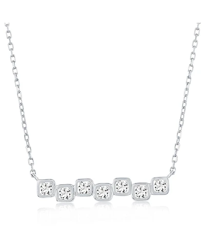 Sterling Silver, Square Bezel-Set Cz Bar Necklace