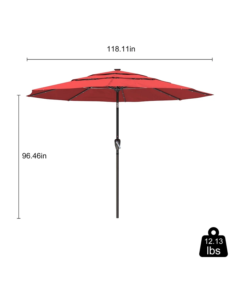 10 Ft Patio Umbrella with Solar Lights 3-Tier Outdoor Table Market Pool Umbrellas for Patio, Red