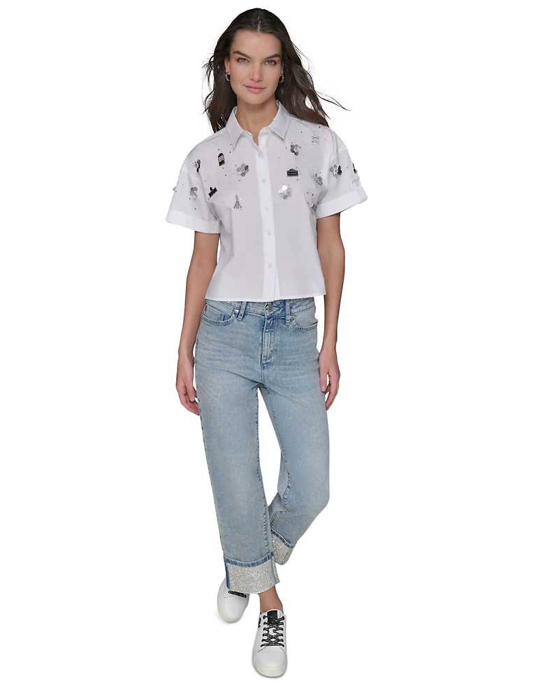 Karl Lagerfeld Paris Women's Embellished Cropped Button-Down Shirt