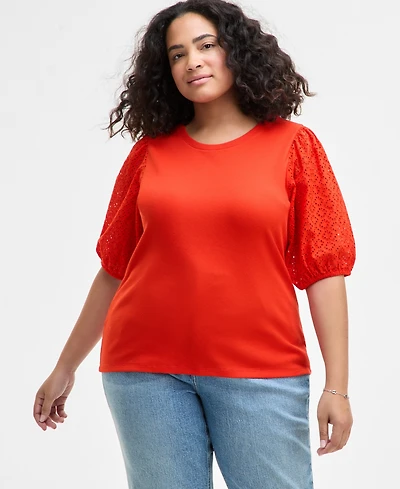 On 34th Trendy Plus Size Eyelet-Sleeve Rib-Knit Top, Exclusively at Macy's