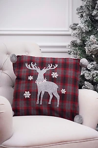 18" x 18" Frosty Deer Plaid Embellished Christmas Throw Pillow