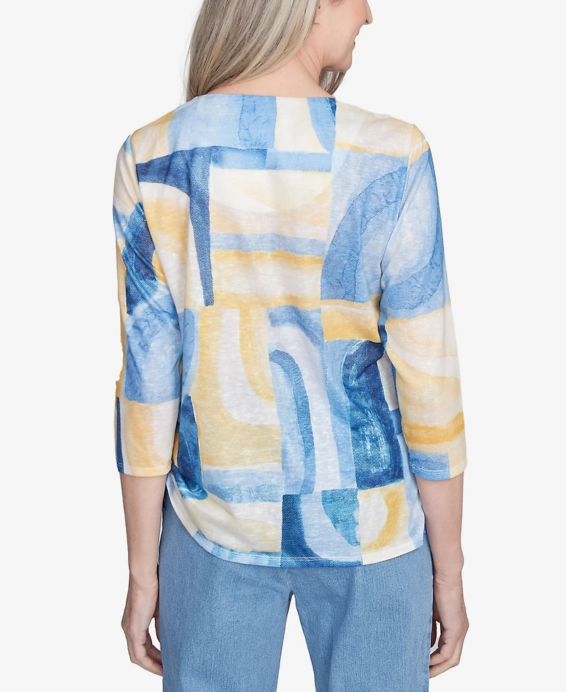 Alfred Dunner Petite Flower Power Watercolor Patchwork Geometric Top