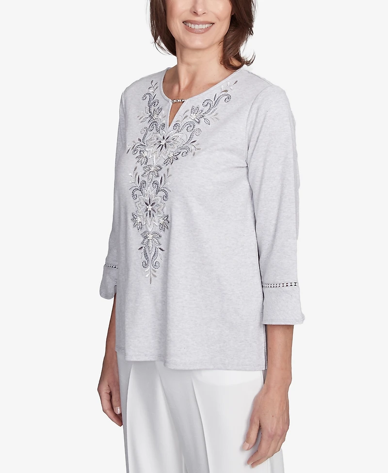 Alfred Dunner Petite Estate of Mind Embroidered Scroll Bell Sleeve Top