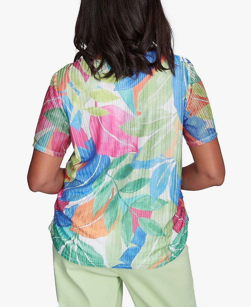 Alfred Dunner Petite Parrot Cay Textured Tropical Beaded Neck Top
