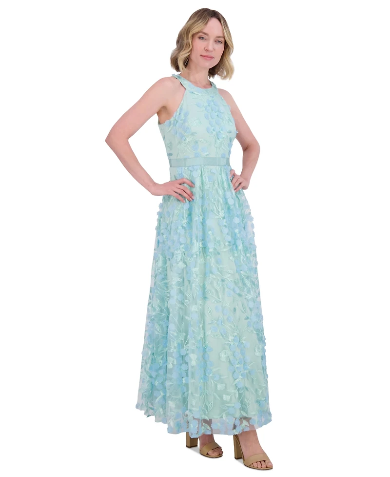 Eliza J Petite 3D Floral Applique Halter Gown