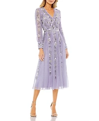 Mac Duggal Women's Long Sleeve Embroidered Wrap Midi Dress