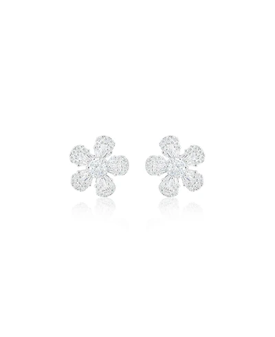 White Gold Tone Floral Studs Pave Cubic Zirconia Statement Earrings