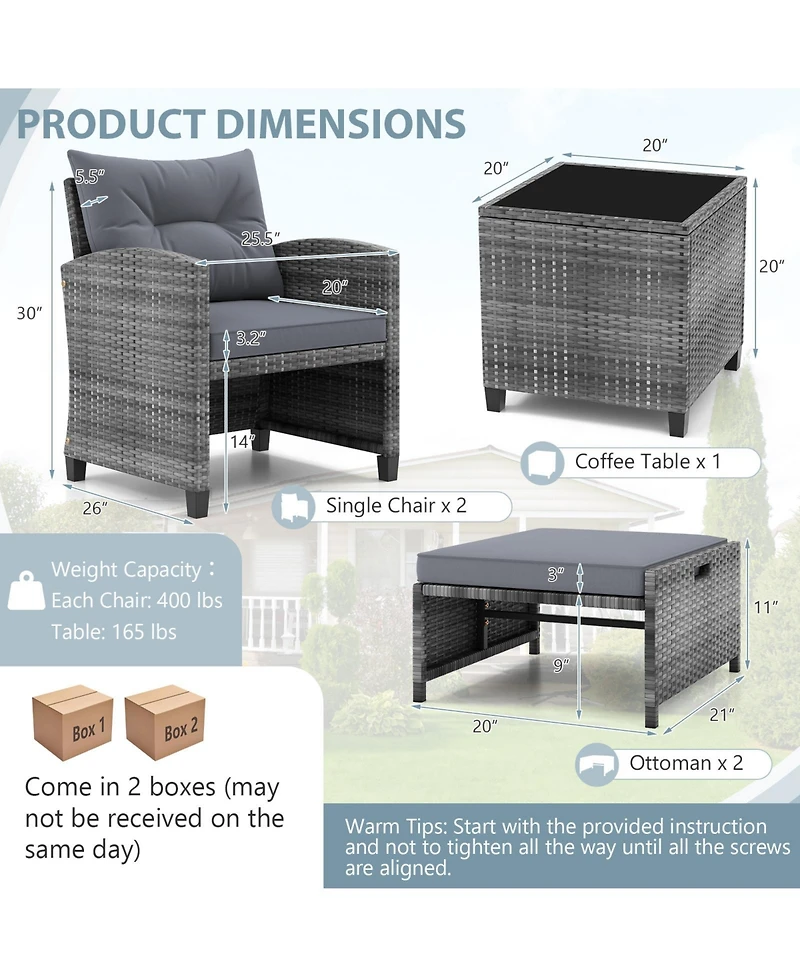 5-Piece Outdoor Rattan Furniture Set with 2 Ottomans and Glass Coffee Table