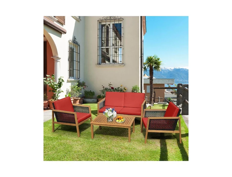 4 Pieces Patio Rattan Furniture Set with Removable Cushions
