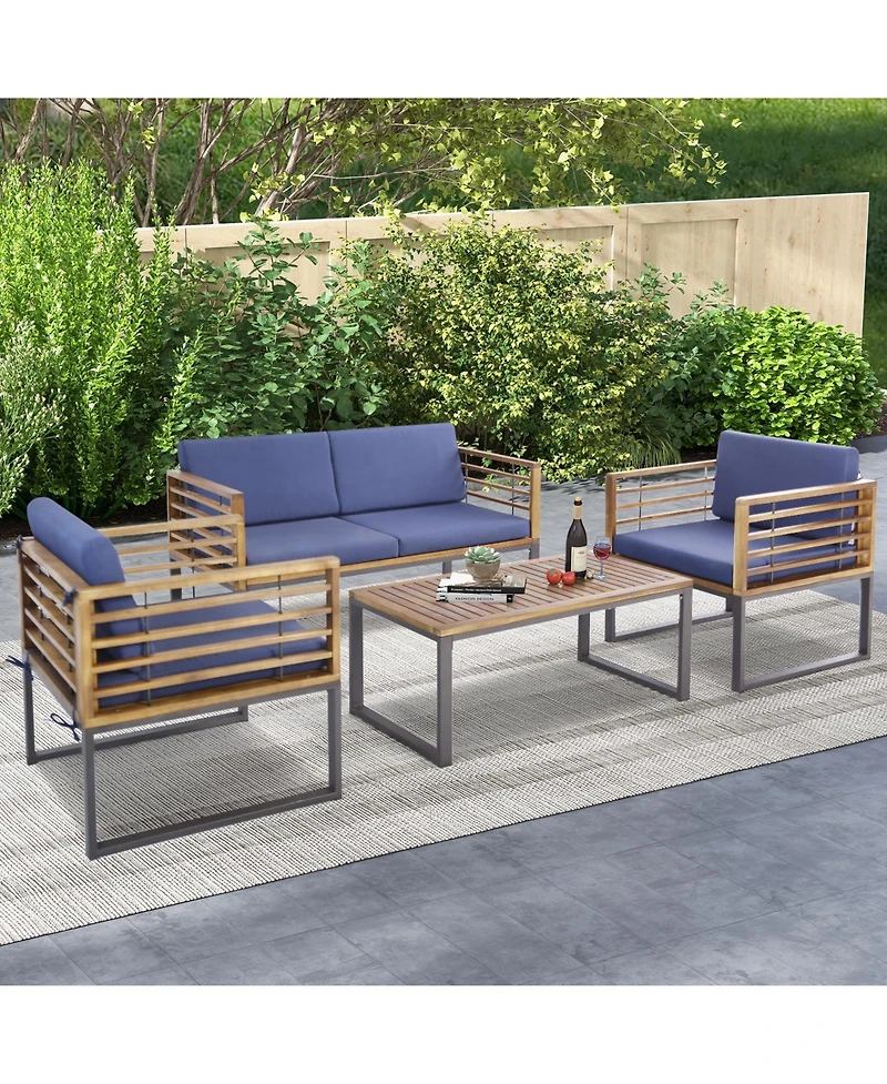 4 Piece Patio Acacia Wood Conversation Set with Soft Seat