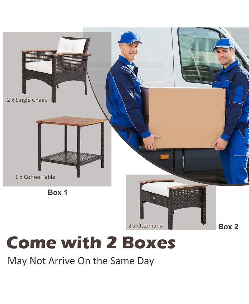 5 Pieces Patio Rattan Furniture Set with Acacia Wood Table