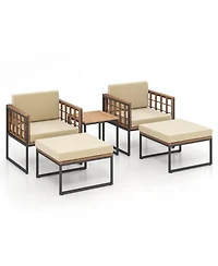 5 Piece Outdoor Furniture Set Acacia Wood Chair Set with Ottomans and Coffee Table