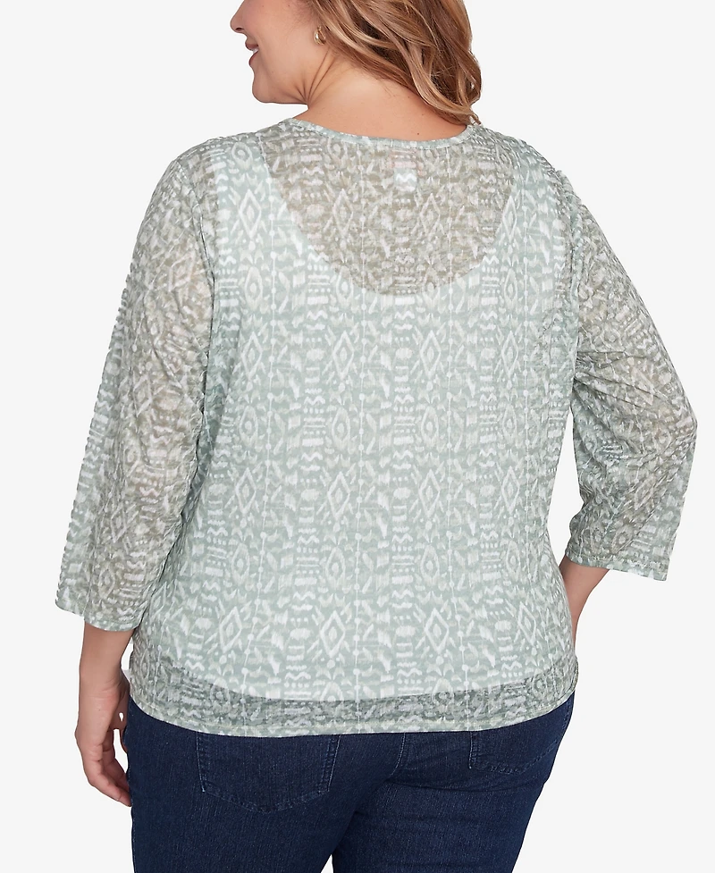 Hearts Of Palm Plus Size Spring Forward Printed Burnout V-Neck Top
