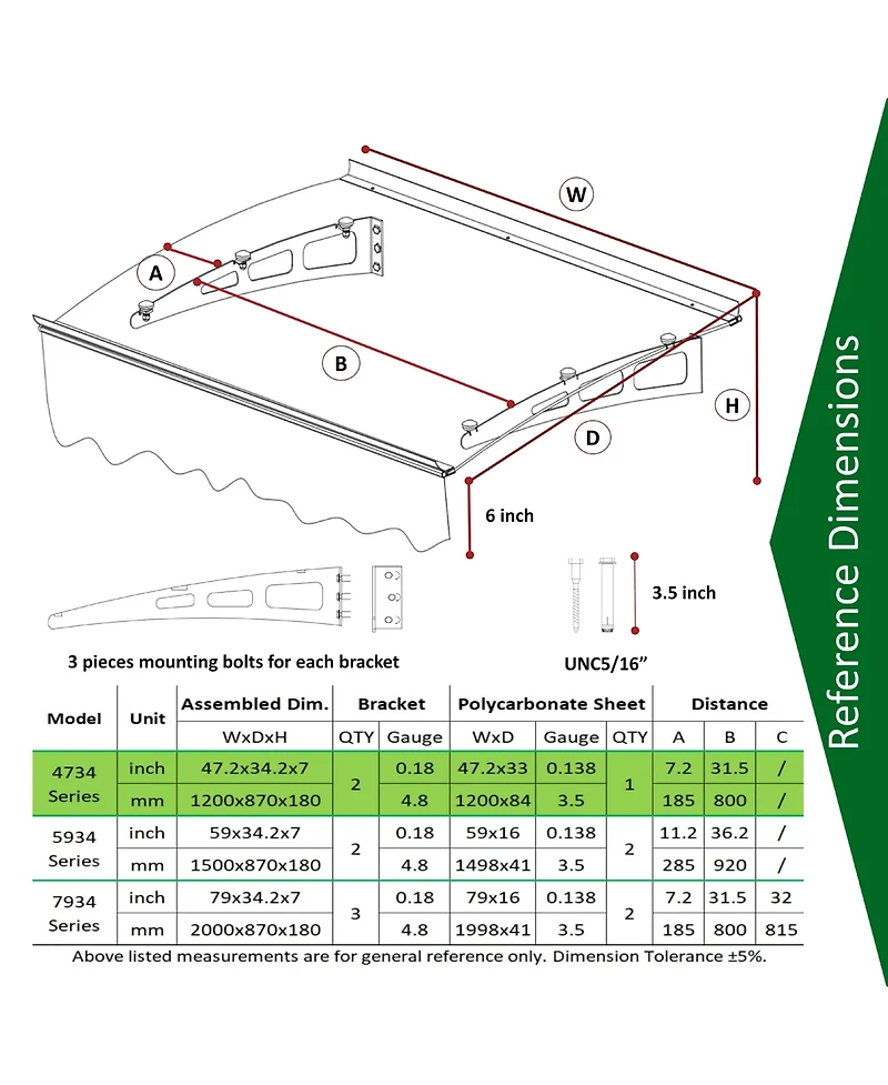 Door Window Awning Made of 0.137 Inch Thick Crystal Solid Polycarbonate Sheet and Aluminum Alloy with Valance