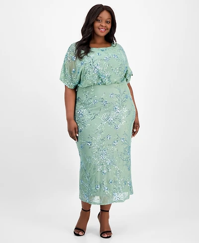 Sl Fashions Plus Round-Neck Blouson Sequin Dress