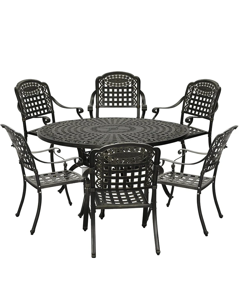 7pcs Patio Dining Set Cast Aluminium Outdoor Dining Set Patio Bistro Set 6 Outdoor Dining Chairs and 59 Inches Round Dining Table