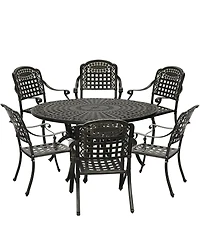 7pcs Patio Dining Set Cast Aluminium Outdoor Dining Set Patio Bistro Set 6 Outdoor Dining Chairs and 59 Inches Round Dining Table