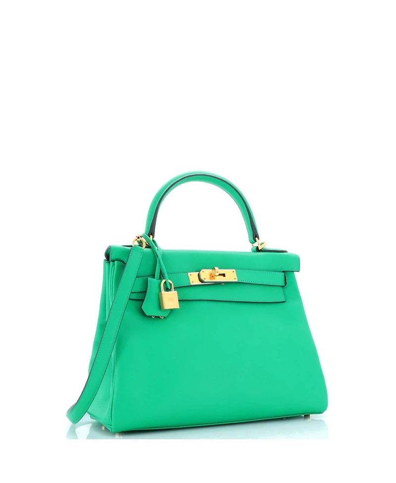 Pre-Owned HERMES Kelly 28 Handbag Green Evercolor with Gold Hardware