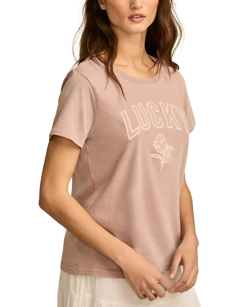 Lucky Brand Women's Cotton Lucky Tonal Applique Classic Crew T-Shirt