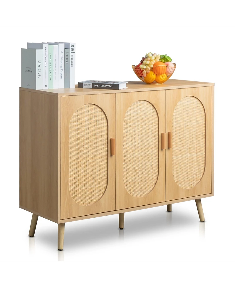 Modern Rattan Shoe Storage Cabinet with 3 Doors and Adjustable Shelves