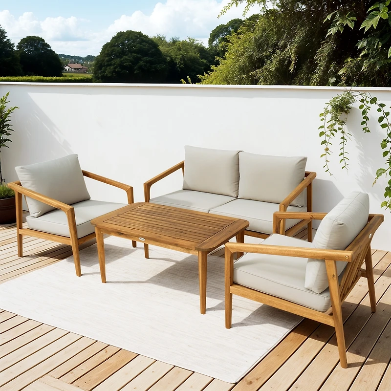 Outsunny 4 Pieces Acacia Wood Patio Furniture Set with Thickened Cushions