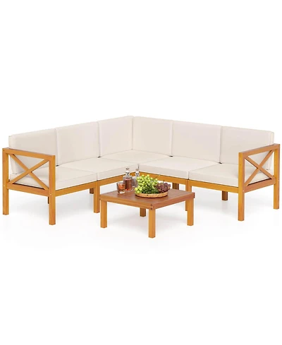 Gymax Set of 6 Acacia Wood Patio Furniture Set w/ Cushions & Coffee Table