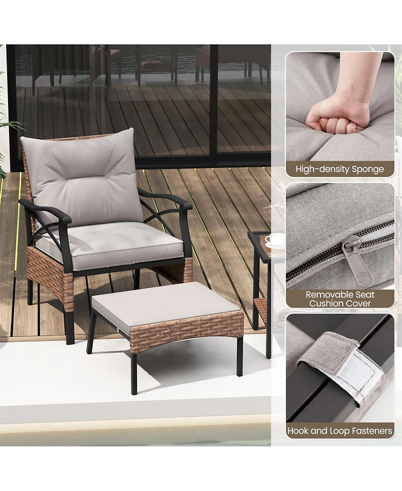 Gymax 5PCS Wicker Patio Furniture Set Rattan Chairs w/ 2-Tier Tempered Glass Side Table
