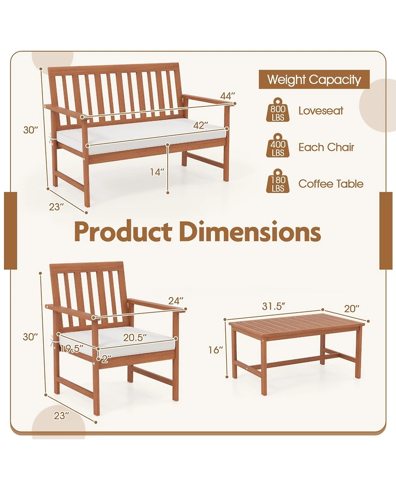 4 Pieces Acacia Wood Furniture Set with Seat Cushions and Robust Wood Frame-White