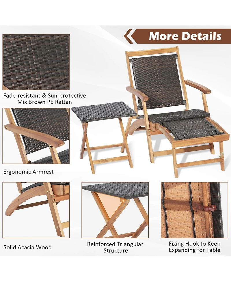 4PCS Patio Rattan Folding Lounge Chair Table Acacia Wood withRetractable Footrest