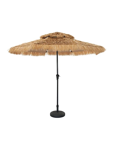 ft. Outdoor Double Layer Hawaiian Style Market Umbrella in Brown with Base and 32-Light Beads
