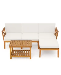 5 Pieces Acacia Wood Patio Furniture Set with 2-Tier Coffee Table and Cushions-White