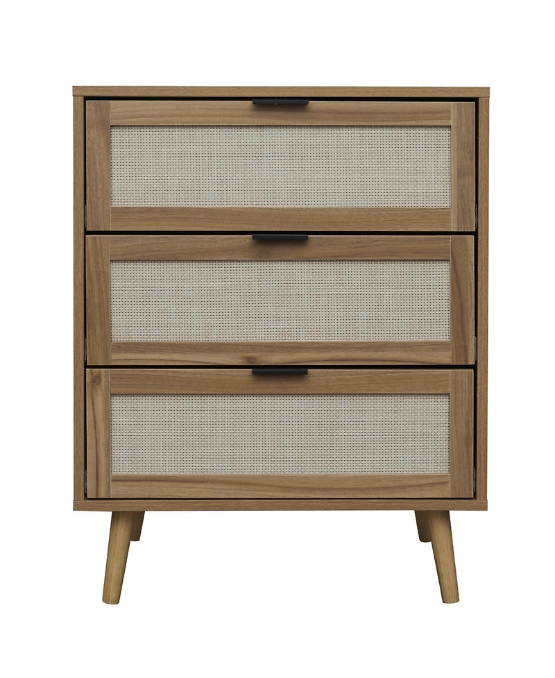 3 Drawer Storage Cabinet Rattan Dressers Chest of Drawers Entryway Cabinet Fluted Nightstand Bedside Table Dresser for Bedroom Living Room, Brown