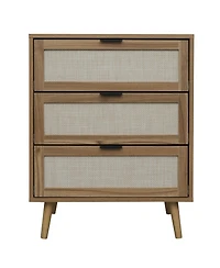 3 Drawer Storage Cabinet Rattan Dressers Chest of Drawers Entryway Cabinet Fluted Nightstand Bedside Table Dresser for Bedroom Living Room, Brown