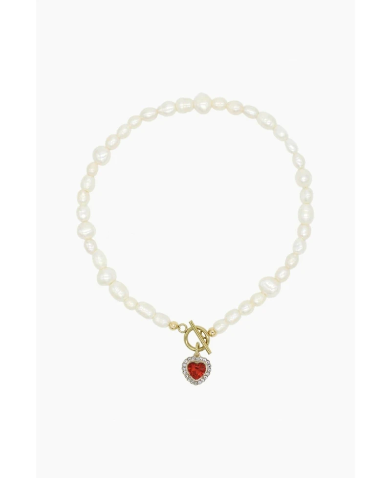 Freshwater Pearl Necklace With Red Heart Charm 15.0″
