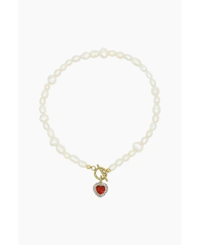 Freshwater Pearl Necklace With Red Heart Charm 15.0″
