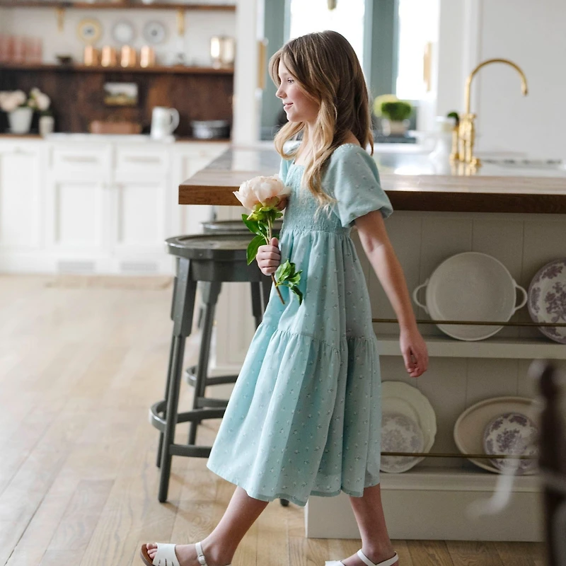 Hope & Henry Girls' Linen Smocked Short Bubble Sleeve Dress, Toddler