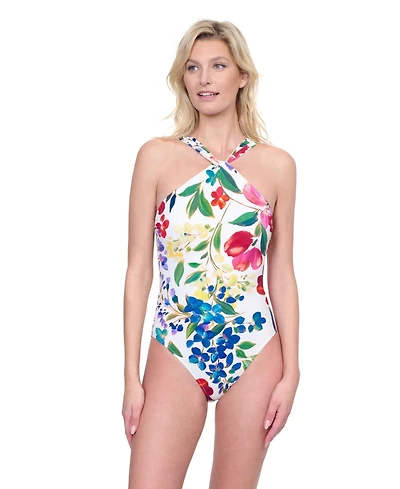 Garden Dream High Neck Twist Halter One-Piece Swimsuit