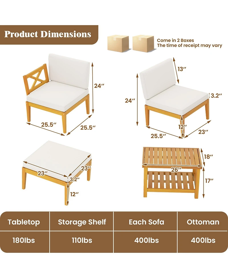 5 Pieces Acacia Wood Patio Chaise Lounge Chair Set with Ottoman and Cushions
